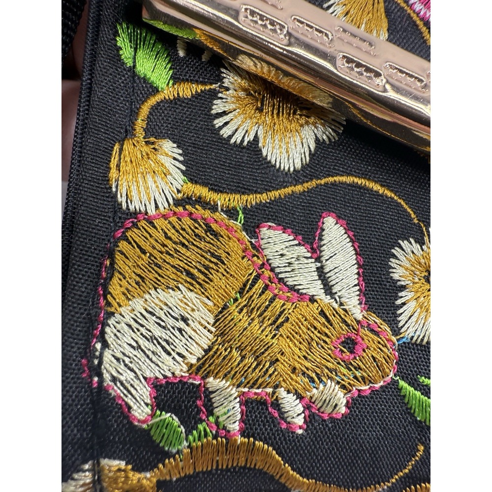 Floral Embroidered Black Fabric Clutch Purse w/ Rabbit Motif Crossbody Strap‎ - Picture 10 of 15